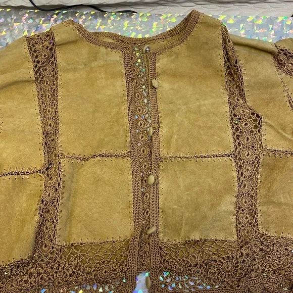 Unique OOAK Hippie Patchwork Leather Crochet Crop Jacket Top Blouse Handmade Sz? - Picture 10 of 16